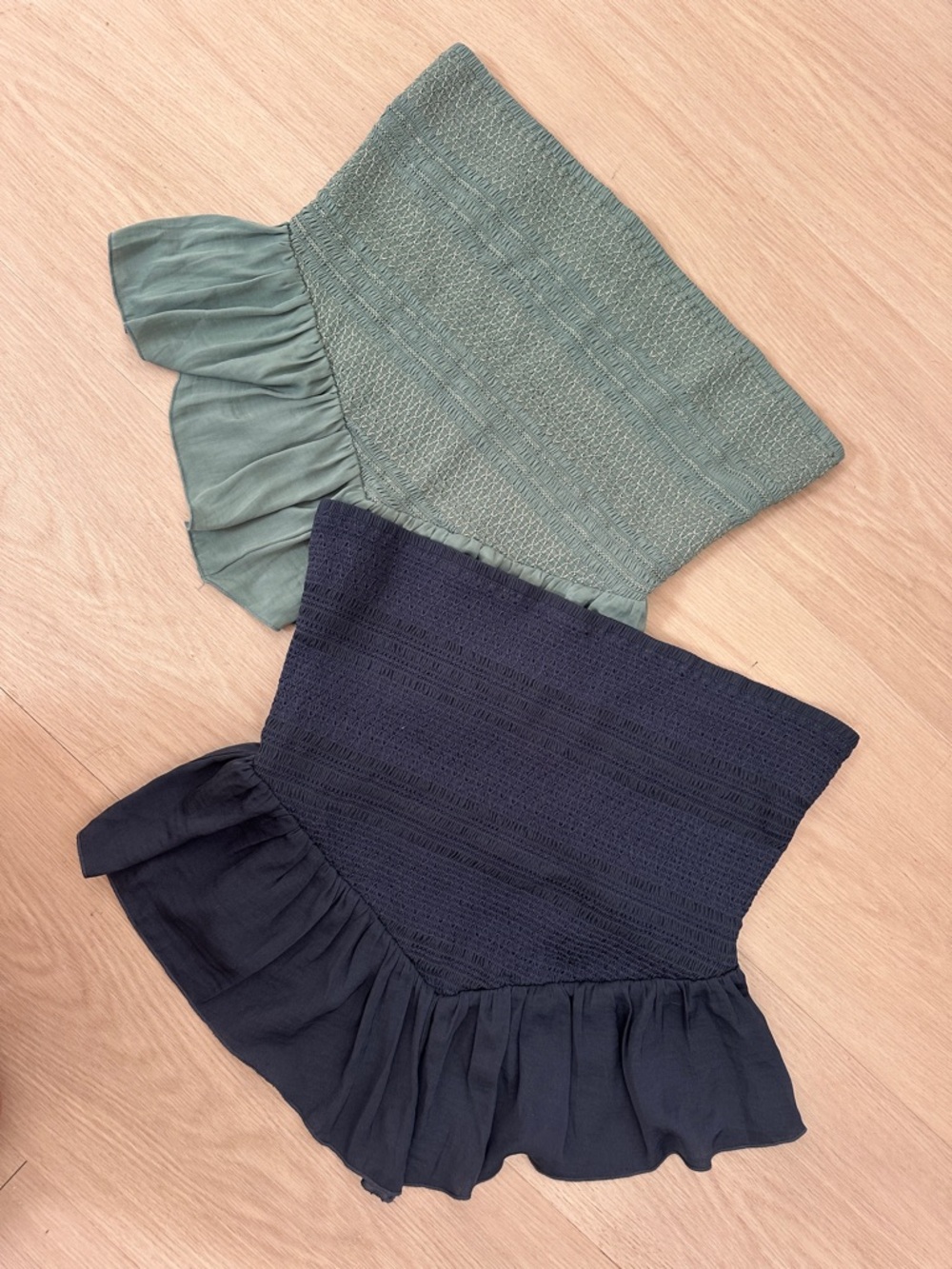 Free People Peplum Strapless Ruffle Tops - Sage Green & Navy